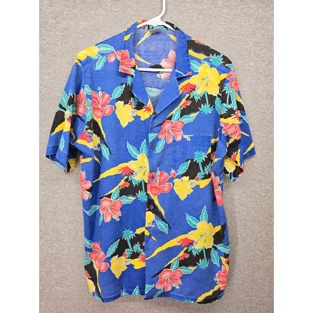 Shore Things Vintage Hawaiian Shirt Mens Large Blue Floral Tropical Made in USA